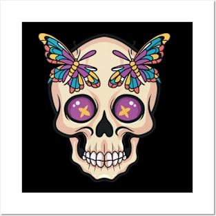 Colourful Butterfly Skull Tattoo - Vibrant Ink Posters and Art